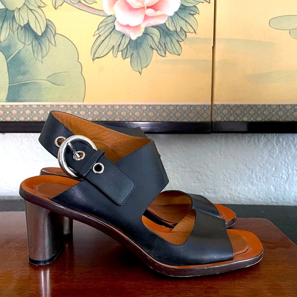 Celine Shoes - Celine Sandal Shoes 8.5 FR 38.5 Black Sling back Silver Buckle Block Heel $1100